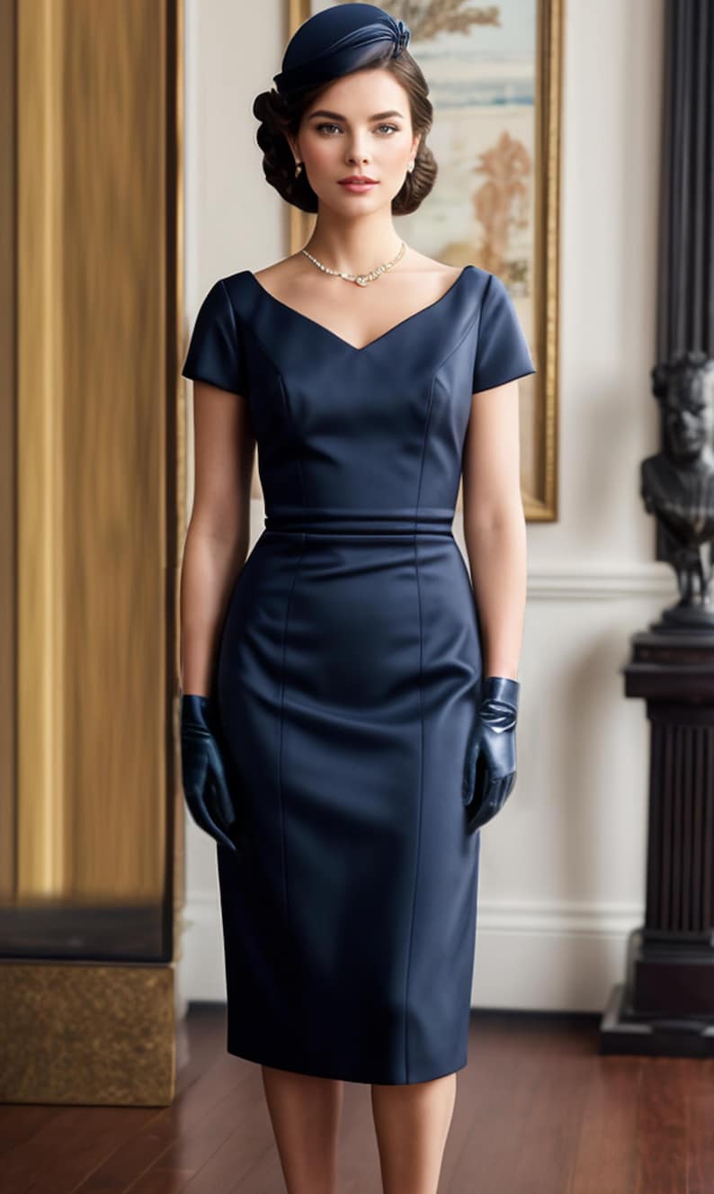 Peut inclure: Une femme portant une robe bleu marine &agrave; la silhouette ajust&eacute;e et aux manches courtes. Elle porte un petit chapeau bleu marine et des gants noirs. La robe a un d&eacute;collet&eacute; en V et un design simple.