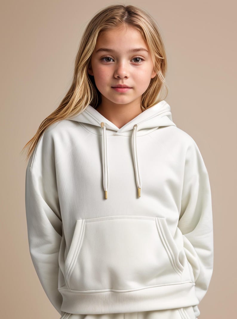 May include: A white hooded sweatshirt with a kangaroo pocket and gold drawstring ties.