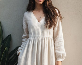 Wykrój na sukienkę maxi z lnu z bufiastymi rękawami i dekoltem w serek (do pobrania w wersji cyfrowej)