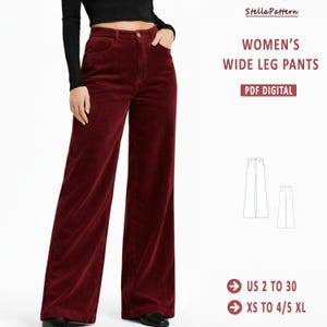 May include: Burgundy wide-leg pants made of corduroy fabric. The pants have a high waist and pockets. The image includes the text "WOMEN'S WIDE LEG PANTS" and "PDF DIGITAL". Sizes range from US 2 to 30 and XS to 4/5 XL.