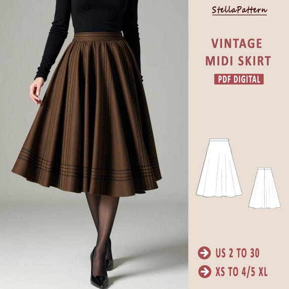 Midi Vintage Skirt Sewing Pattern, Cottagecore Vintage Midi Flare Skirt Pattern, Full Circle Cottagecore Skirt Pattern, A0, A4 US US 2 to 30