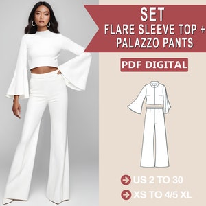 Op de afbeelding: Een digitaal naaipatroon voor een witte top met wijde mouwen en een palazzo broek. Het patroon omvat de maten 34 tot 52 en XS tot 4/5 XL. Het patroon is beschikbaar als PDF-download. SET FLARE SLEEVE TOP + PALAZZO PANTS PDF DIGITAL