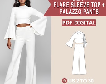 Set Flare Sleeve Top and Palazzo Pants, Palazzo Pants Sewing Pattern, Wide Leg Pants, Elastic Waist, PDF Sewing Patterns, Step-by-Step