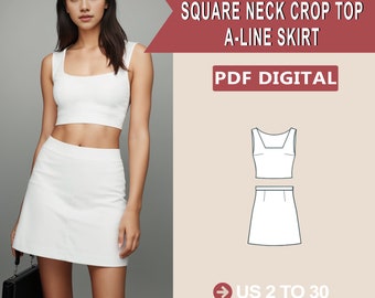 Conjunto de top corto de cuello cuadrado y falda de corte A, falda de costura de cintura alta de lino para mujer Patrón PDF Patrones fáciles para principiantes A4 A0 Letra US 2 a 30