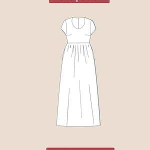 Puede incluir: Un patr&oacute;n de costura digital para un vestido blanco simple, largo, con mangas cortas y cuello redondo. El patr&oacute;n est&aacute; etiquetado como "front pattern" y "PDF DIGITAL".
