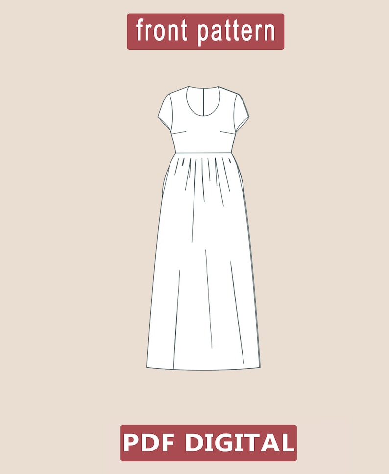 Puede incluir: Un patr&oacute;n de costura digital para un vestido blanco simple, largo, con mangas cortas y cuello redondo. El patr&oacute;n est&aacute; etiquetado como "front pattern" y "PDF DIGITAL".