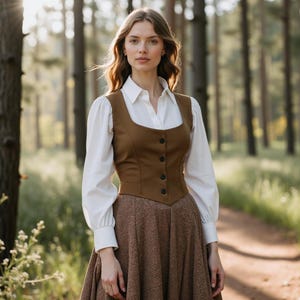 May include: A woman wearing a brown vest over a white button-down shirt and a brown skirt. She is standing in a forest.