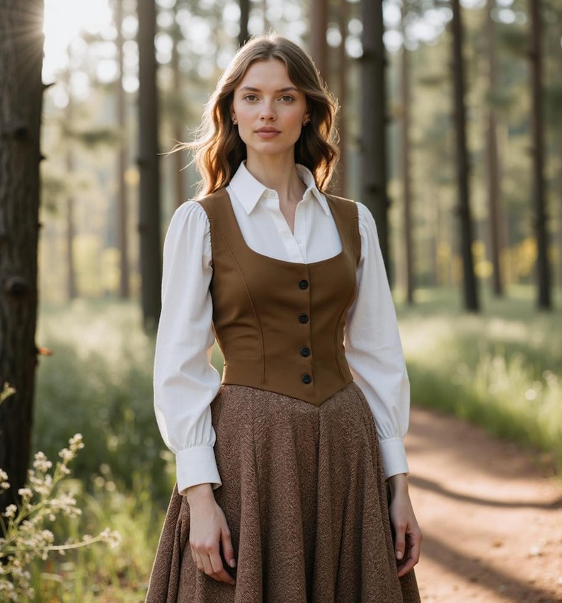 May include: A woman wearing a brown vest over a white button-down shirt and a brown skirt. She is standing in a forest.