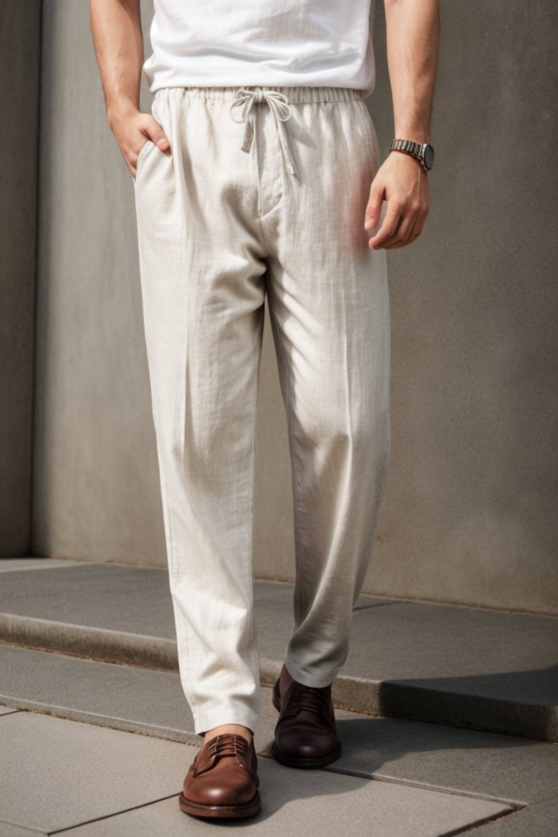 Peut inclure: Un pantalon en lin beige clair avec une taille &agrave; cordon. Le pantalon est ample et a une silhouette d&eacute;contract&eacute;e. La personne porte des chaussures en cuir marron.