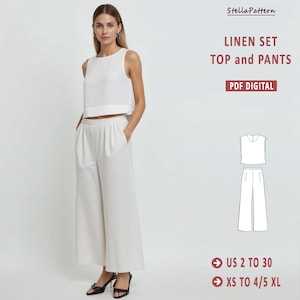 Puede incluir: Un patrón de costura digital PDF para un conjunto de top y pantalones de lino. El patrón incluye las tallas ES 34 a 52 y XS a 4/5 XL.