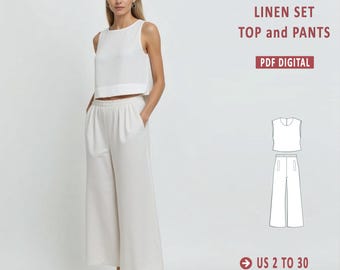 Linen Top and Elastic Pants Set Sewing Pattern (Sizes 2-30) (PDF Pattern)