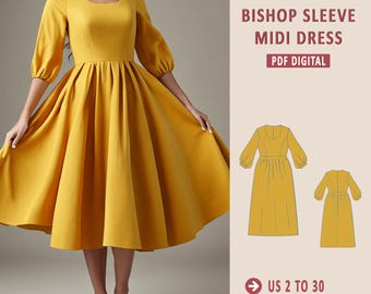 Patrón de costura para vestido midi de lino con mangas de obispo y cintura imperio (patrón PDF)