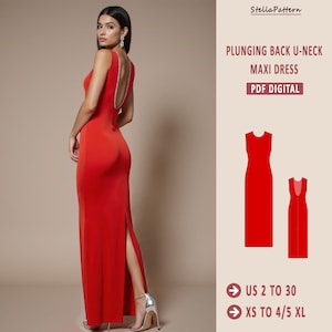 Puede incluir: Un vestido maxi rojo con espalda pronunciada y cuello en U. El vestido tiene una abertura en la parte delantera y está disponible en tallas US 2 a 30 y XS a 4/5 XL. PDF Digital.
