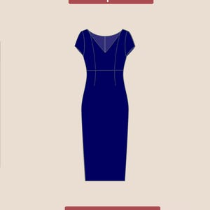 Peut inclure: Un patron de couture num&eacute;rique PDF pour une robe bleu marine &agrave; col en V et manches courtes. Le patron est intitul&eacute; "front pattern" et "PDF DIGITAL".