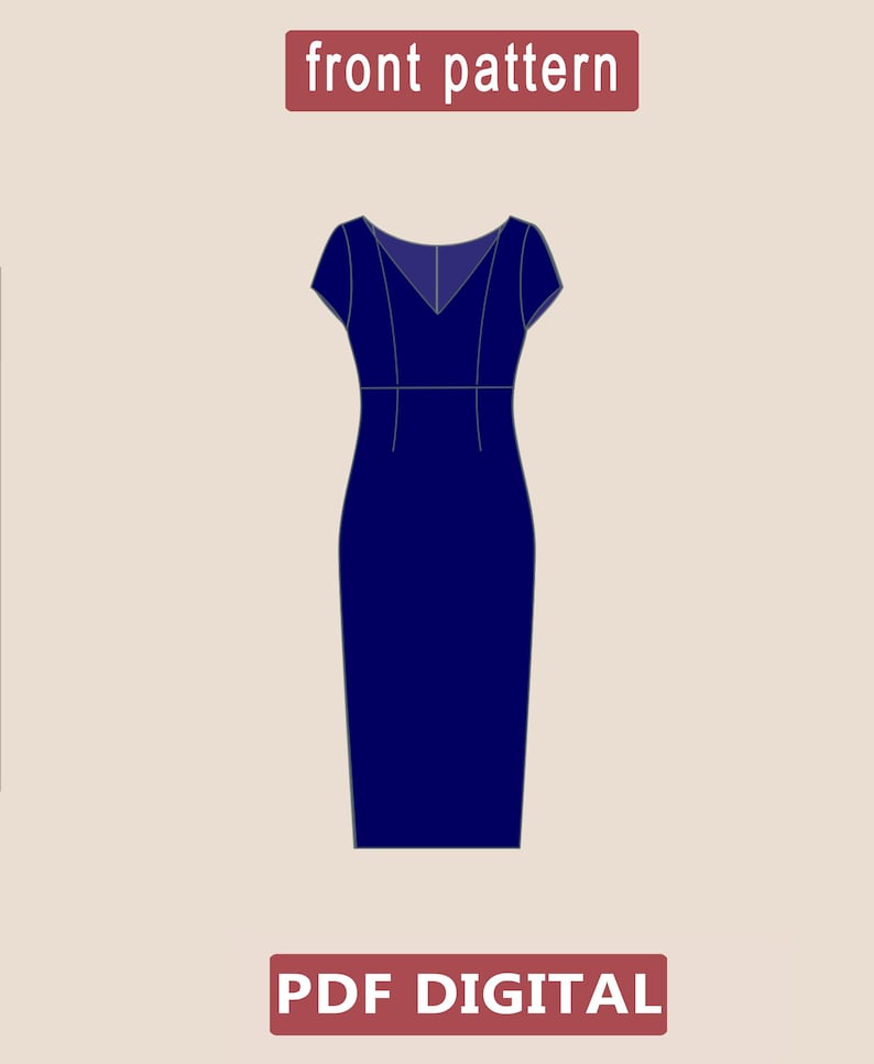 Peut inclure: Un patron de couture num&eacute;rique PDF pour une robe bleu marine &agrave; col en V et manches courtes. Le patron est intitul&eacute; "front pattern" et "PDF DIGITAL".