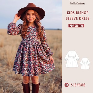 May include: A girl wearing a floral print dress with long sleeves and a brown hat. The dress has a round neckline and a flared skirt. The text on the image says "KIDS BISHOP SLEEVE DRESS" and "PDF DIGITAL". The dress pattern is for ages 2-16 years.