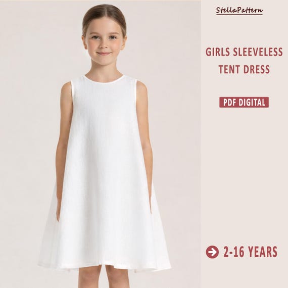 Kids Summer Dress Sewing Pattern, Girls Sleeveless Tent Dress, Girls Tent Dress Sewing Pattern, A0 A4 US Letter-Girl, Sizes: 2-16 Age
