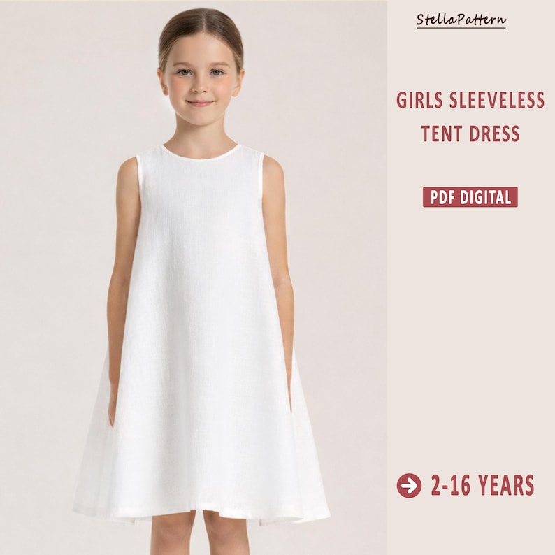 Kinder Sommer Kleid Schnittmuster, Mädchen Ärmellos Zelt Kleid, Mädchen Zelt Kleid Schnittmuster, A0 A4 US Letter-Girl, Größen: 2-16 Alter Bild 1