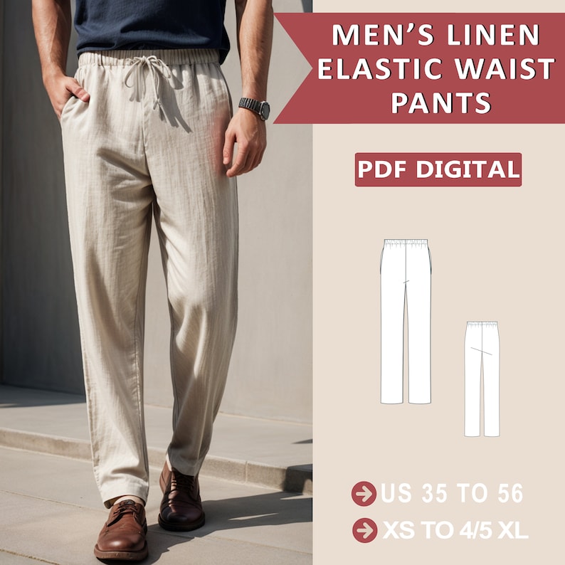Peut inclure: Un patron num&eacute;rique PDF pour un pantalon en lin avec une taille &eacute;lastique. Le patron comprend les tailles US 35 &agrave; 56 et XS &agrave; 4/5 XL. L'image montre une personne portant le pantalon.