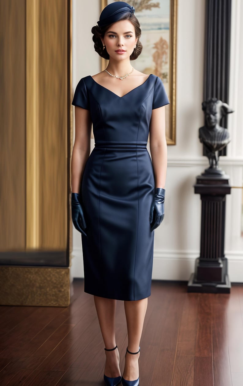 Peut inclure: Une femme portant une robe bleu marine &agrave; la silhouette ajust&eacute;e et aux manches courtes. Elle porte un petit chapeau bleu marine et des gants noirs. La robe a un d&eacute;collet&eacute; en V et un petit n&oelig;ud &agrave; la taille.