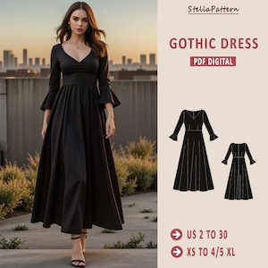Puede incluir: Un patrón de costura para vestido gótico negro con escote en V y mangas largas. El patrón incluye instrucciones para las tallas españolas 34 a 52 y XS a 4/5 XL. El patrón está disponible para descargar digitalmente en PDF. StellaPattern Vestido Gótico PDF Digital.