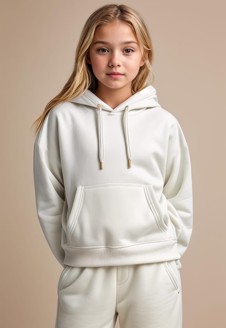 May include: A white hooded sweatshirt with a kangaroo pocket and a drawstring hood. The sweatshirt is made of a soft, comfortable fabric.