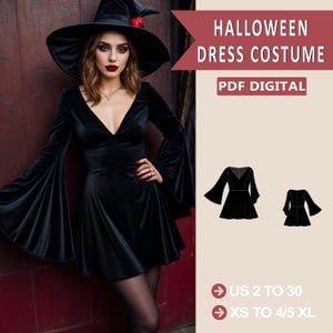 Puede incluir: Un patrón digital PDF para un vestido de disfraz de bruja negro con mangas largas acampanadas. El patrón está disponible en tallas españolas 34 a 52 y XS a 4/5 XL. La imagen muestra una modelo usando el vestido con un sombrero de bruja.