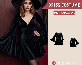 May include: A digital PDF pattern for a black witch costume dress with long bell sleeves. The pattern is available in sizes US 2 to 30 and XS to 4/5 XL. The image shows a model wearing the dress with a witch hat.