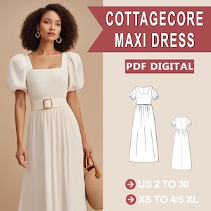 May include: A digital PDF pattern for a cottagecore maxi dress. The pattern includes instructions for sizes US 2 to 30 and XS to 4/5 XL.