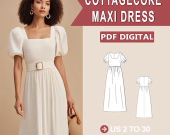 Cottagecore Maxi Dress Sewing Pattern, Plus Size (PDF Pattern)