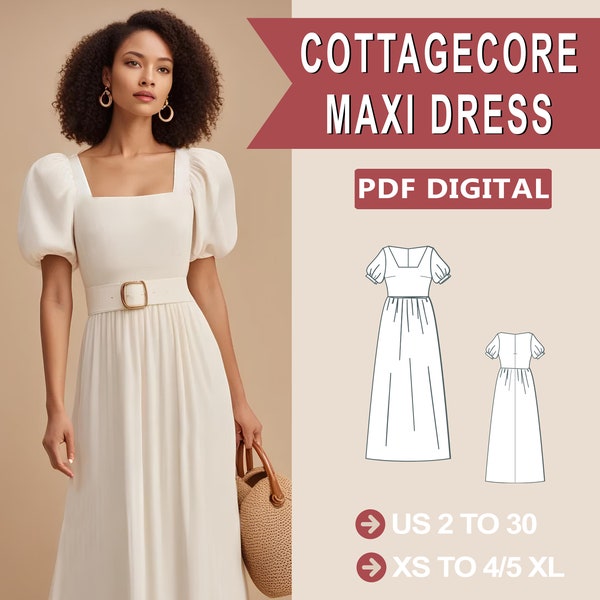 Maxi dress pattern, cottagecore dress, renaissance dress, fantasy dress, plus size cosplay, halloween costume, victorian dress, A4 A0 US