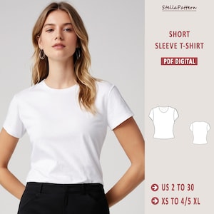 Puede incluir: Un patrón de costura para camiseta de manga corta de color blanco en formato PDF. El patrón incluye las tallas españolas 34 a 52 y XS a 4/5 XL.