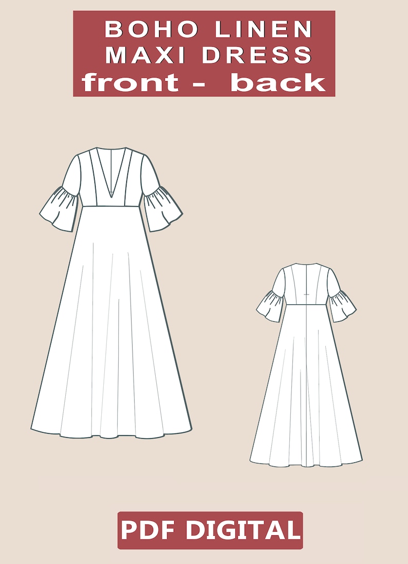 Puede incluir: Dibujo de l&iacute;nea de un vestido maxi con cuello en V y mangas acampanadas. El vestido se muestra de frente y de espalda. El texto "BOHO LINEN MAXI DRESS front - back" est&aacute; en la parte superior de la imagen. El texto "PDF DIGITAL" est&aacute; en la parte inferior de la imagen.