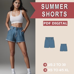 Modello pantaloncini facili, modello pantaloncini da donna, modello pantaloncini per principianti, modelli di cucito pantaloncini da donna / pantaloncini a vita alta e gamba larga A4 A0 Letter
