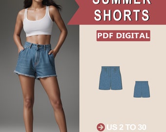 Easy Shorts Muster, Frauen Shorts Muster, Anfänger Shorts Muster, Dwnim Shorts | Hohe Taille Shorts mit weitem Bein Schnittmuster A4 A0 Letter