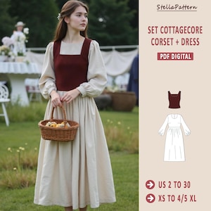 May include: A digital PDF sewing pattern for a cottagecore style dress and corset set. The pattern includes instructions for sizes US 2 to 30 and XS to 4/5 XL.