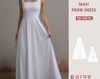 Maxi Prom Dress Sewing Pattern: Square Neck Evening Gown (XS-4XL) (Digital Download)