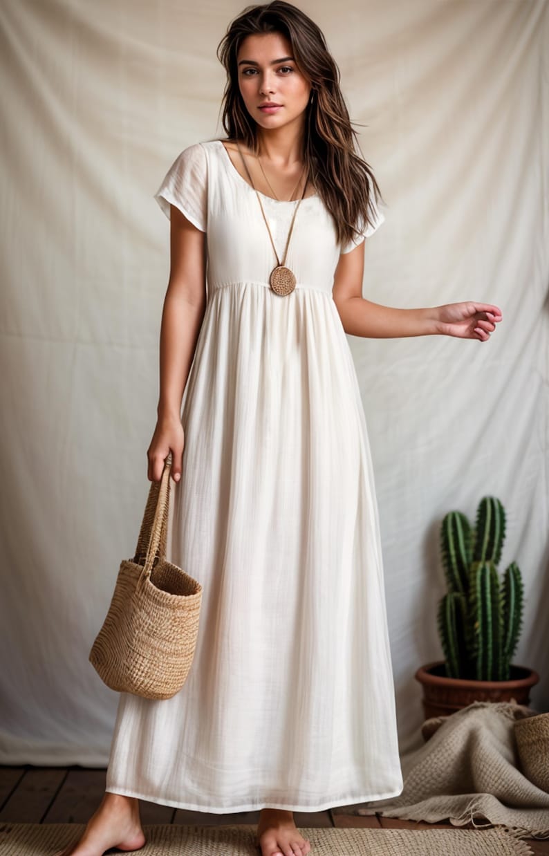 Puede incluir: Un vestido blanco maxi con escote cuadrado y mangas cortas. El vestido tiene una cintura fruncida y una falda fluida. La modelo lleva un collar marr&oacute;n con un gran colgante circular.