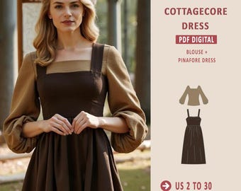 Cottagecore Dress Sewing Pattern: Blouse & Pinafore (XS-4XL) (PDF Pattern)