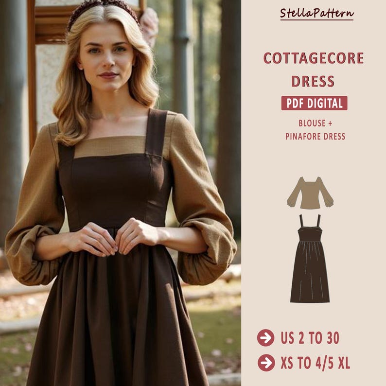 May include: A digital sewing pattern for a cottagecore dress. The pattern includes instructions for a blouse and pinafore dress. The dress is brown with a tan bodice. The pattern is available in sizes US 2 to 30 and XS to 4/5 XL.