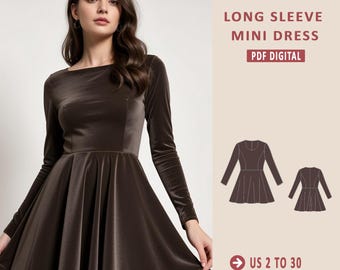 Long Sleeve Velvet Mini Dress Sewing Pattern, Christmas Dress, Empire Waist, Easy Dress Pattern, Elegant Dress Pattern, Sundress Pattern
