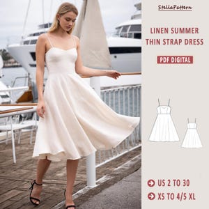 Pode incluir: Um padrão de costura digital para um vestido de verão de linho com alças finas. O padrão inclui instruções para os tamanhos portugueses 34 a 52 e XS a 4/5 XL. O vestido é mostrado em um tecido de linho branco.