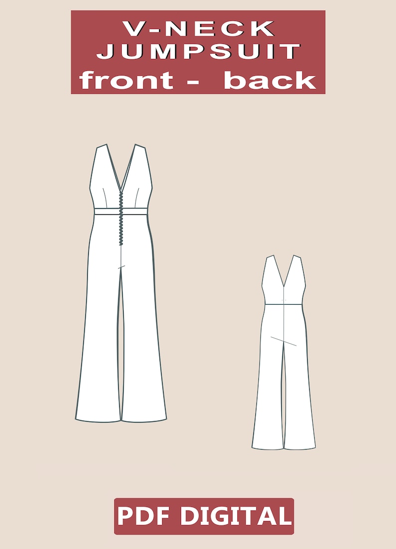 Może przedstawiać: Ilustracja liniowa kombinezonu z dekoltem w kształcie litery V, przedstawiająca widok z przodu i z tyłu. Tekst "V-NECK JUMPSUIT front - back" znajduje się w g&oacute;rnej części obrazu. Tekst "PDF DIGITAL" znajduje się w dolnej części obrazu.