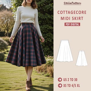 May include: A digital PDF pattern for a cottagecore midi skirt. The pattern includes instructions for sizes US 2 to 30 and XS to 4/5 XL.