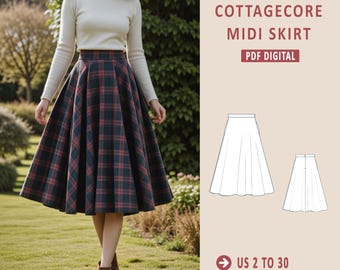 Cottagecore Midi Skirt Sewing Pattern, Cottagecore Vintage Midi Flare Skirt Pattern, Full Circle Skirt Pattern, A0, A4 US Letter US 2 to 30