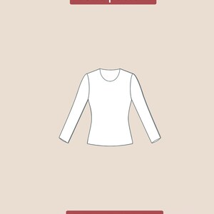 May include: A white long-sleeve shirt pattern with a crew neck, displayed on a light brown background. The text "front pattern" is above the shirt, and "PDF DIGITAL" is below. This is a digital sewing pattern.
