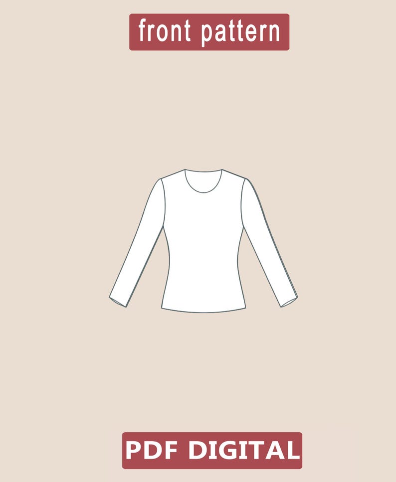 May include: A white long-sleeve shirt pattern with a crew neck, displayed on a light brown background. The text "front pattern" is above the shirt, and "PDF DIGITAL" is below. This is a digital sewing pattern.