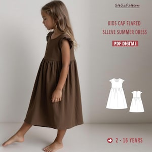 Puede incluir: Un patrón de costura digital para un vestido de verano de manga acampanada para niños. El patrón incluye dos tallas, una para un niño más pequeño y otra para un niño mayor. El patrón está disponible en tallas de 2 a 16 años. El texto de la imagen dice "Kids Cap Flared Sleeve Summer Dress PDF Digital 2-16 Years".