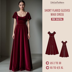 Könnte beinhalten: Ein digitales PDF-Schnittmuster für ein Maxikleid mit kurzen, ausgestellten Ärmeln. Das Kleid ist in Burgunderrot dargestellt. Das Schnittmuster umfasst die Größen 34 bis 52 und XXS bis 4/5 XL.