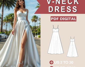 Patron de robe avec encolure en V, patron PDF facile à coudre, taille US 2-30, grande taille, patron de couture PDF de robe de bal, téléchargement immédiat, robe de demoiselle d'honneur A4